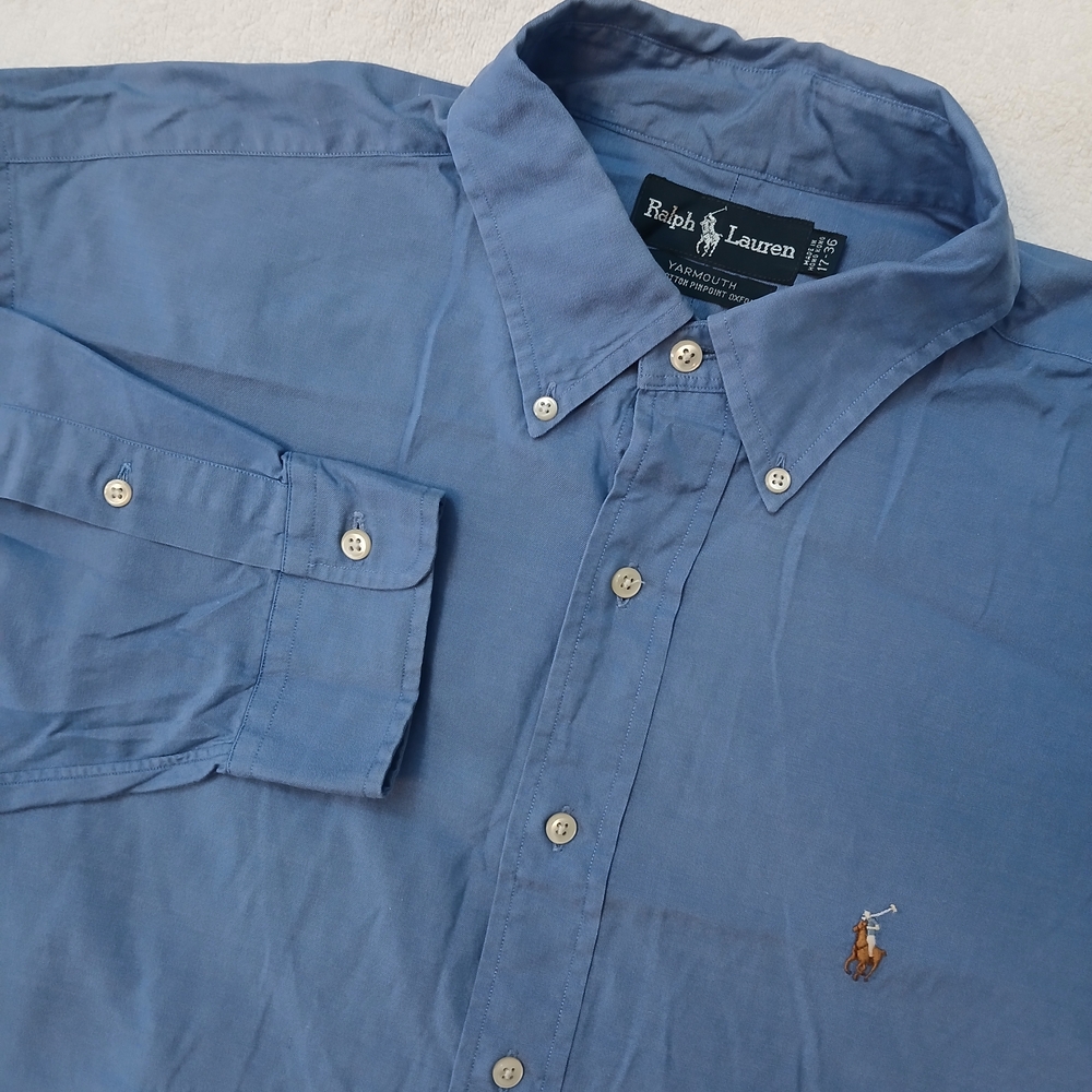 Ralph Lauren Yarmouth Pinpoint Oxford Shirt Mens 17/36‎ Blue Solid Flesh Pony